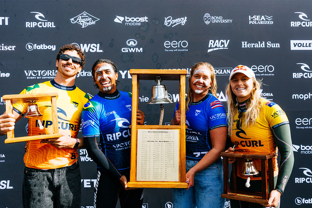 BELLS BEACH, VICTORIA, AUSTRALIA - APRIL 11: (L-R)&nbsp;WSL Champion Yago Dora&nbsp;and&nbsp;Miguel Pupo&nbsp;of&nbsp;Brazil,&nbsp;Gabriela Bryan&nbsp;of&nbsp;Hawaii&nbsp;and&nbsp;WSL Champion Molly Picklum&nbsp;of&nbsp;Australia&nbsp;at the presentation at the Rip Curl Pro Bells Beach on&nbsp;April 11, 2026&nbsp;at Bells Beach, Victoria, Australia. (Photo by&nbsp;Ed Sloane/World Surf League)