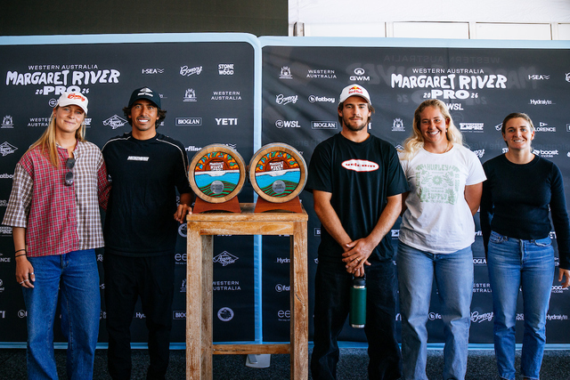 MARGARET RIVER, WESTERN AUSTRALIA, AUSTRALIA - APRIL 15: (L-R) Isabella Nichols of Australia, Miguel Pupo of Brazil, Jack Robinson of Australia, Gabriela Bryan of Hawaii and Bronte Macaulay of Australia at the press conference at the the Western Australia Margaret River Pro on April 15, 2026 at Margaret River, Western Australia, Australia. (Photo by Hannah Anderson/World Surf League)